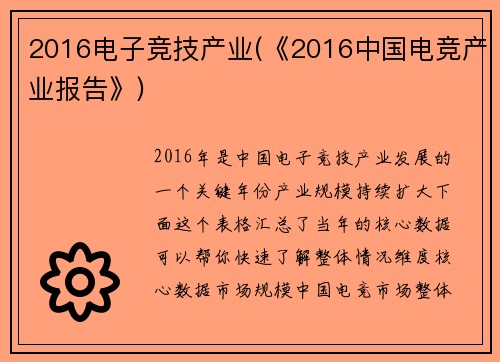 2016电子竞技产业(《2016中国电竞产业报告》)